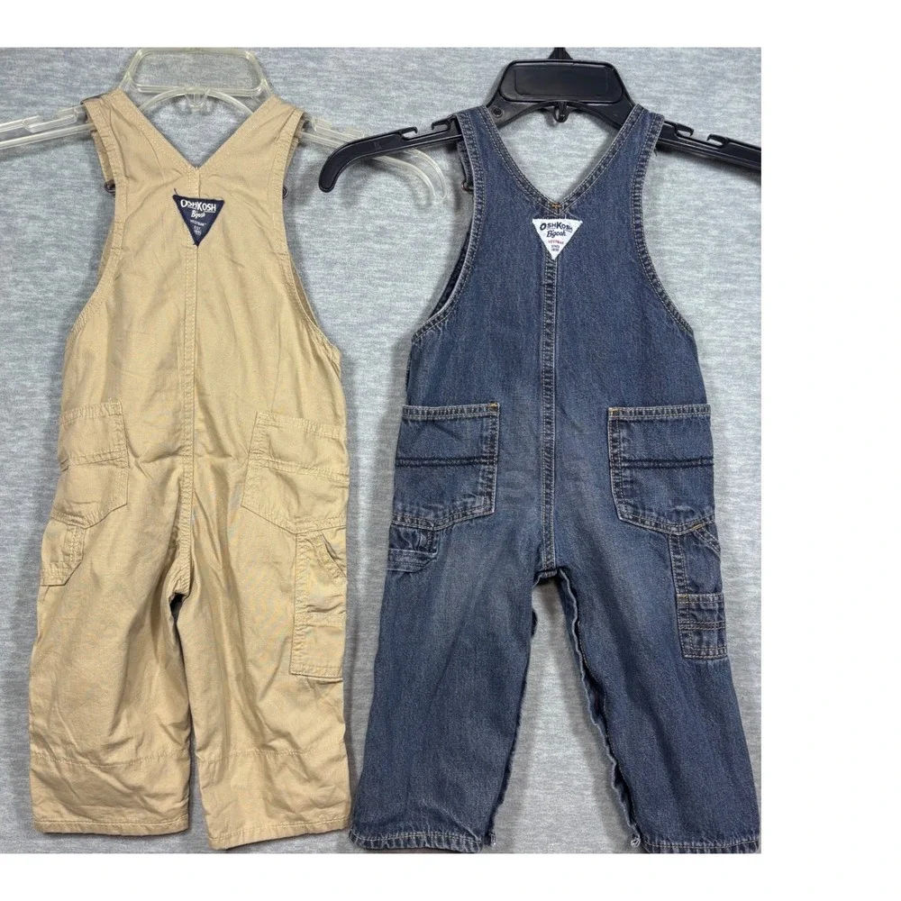 OshKosh Bgosh Toddler Boys Overalls Lot 2 18M Denim Flannel Lined Khaki Plaid